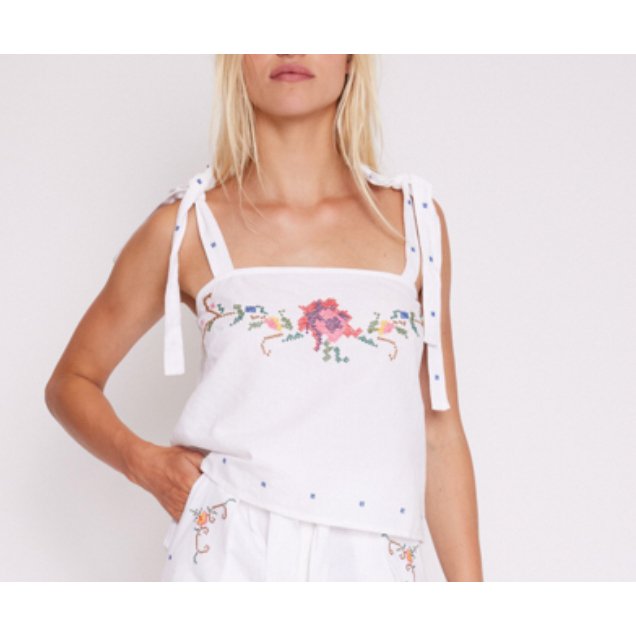 Floral Embroidered Top with Tie Straps - Babette